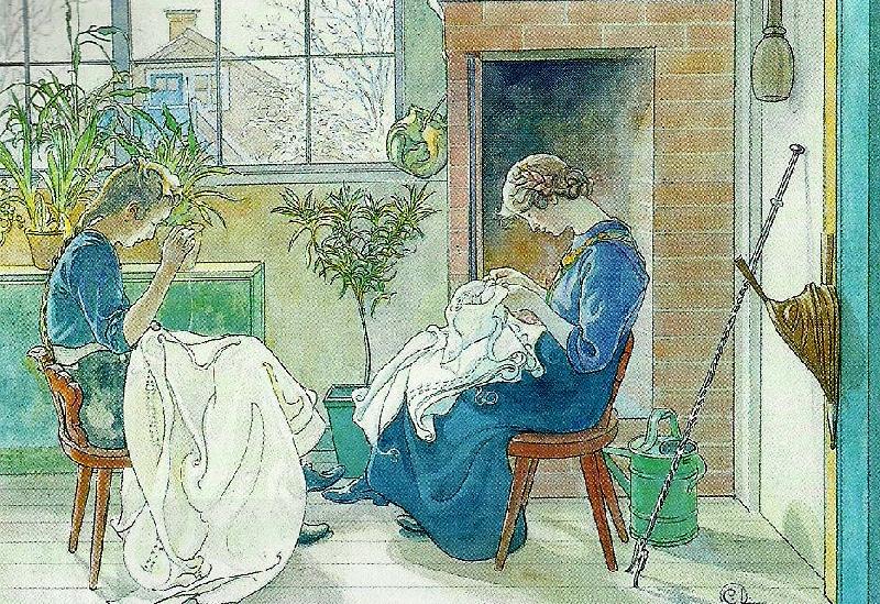 Carl Larsson syende jantor-flickor som sy vid fonstret oil painting picture